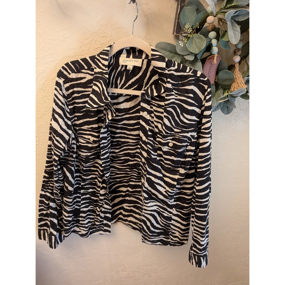 Jones‎ New York Sport Zebra Print Button Down Shirt Blouse Black White XL